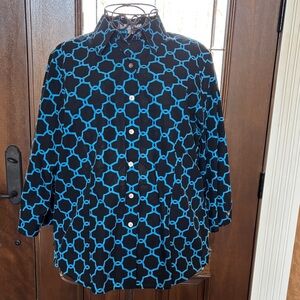 Foxcroft Black Blouse with Bright Blue Geometric Print